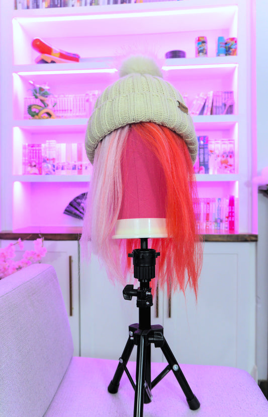 Koibito front view - Koibito wig with curtain wig on Oatmeal Beanie