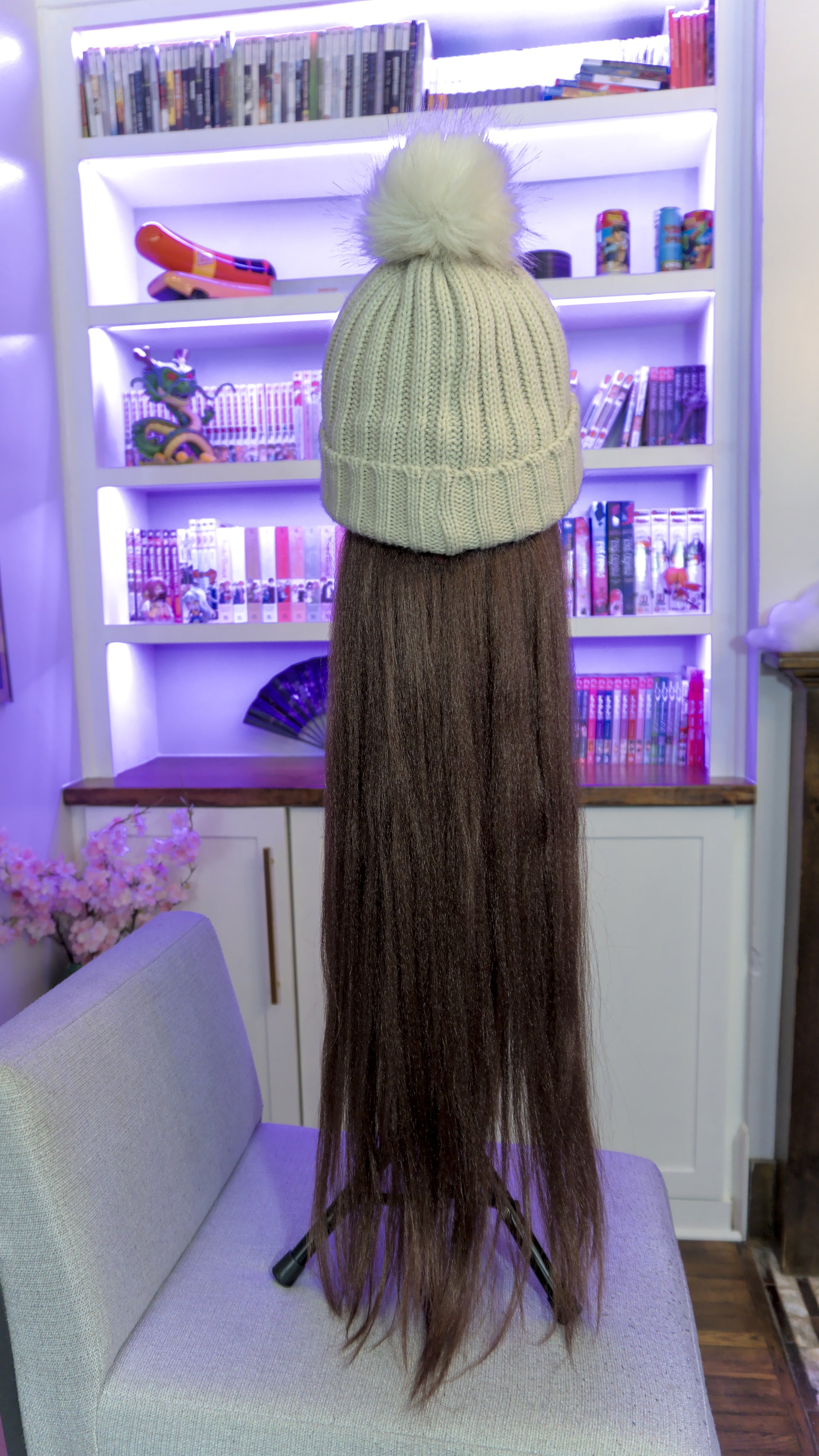 Long Medium Brown wig hat with Oatmeal Beanie back view