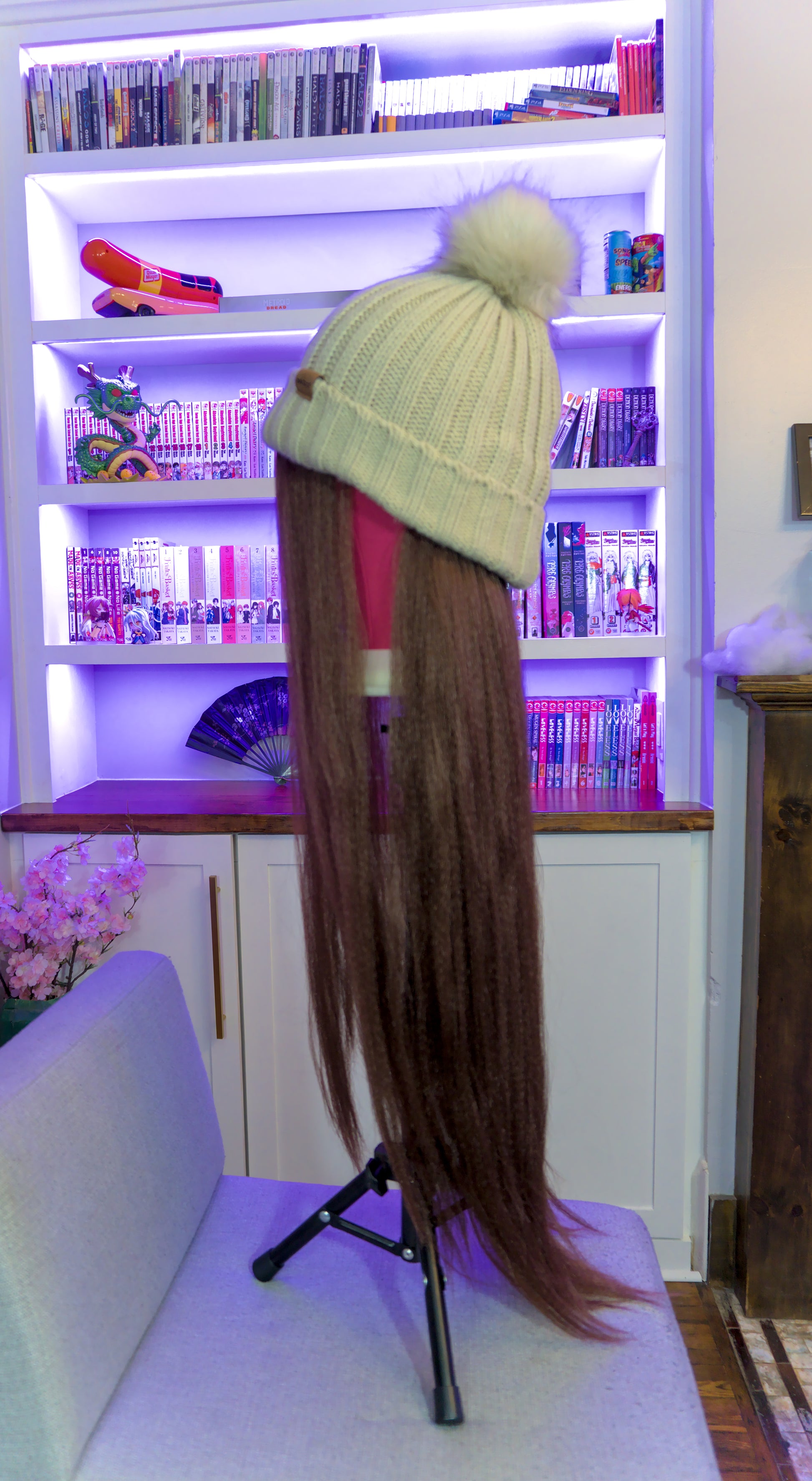 Long Medium Brown wig hat with Oatmeal Beanie Side view