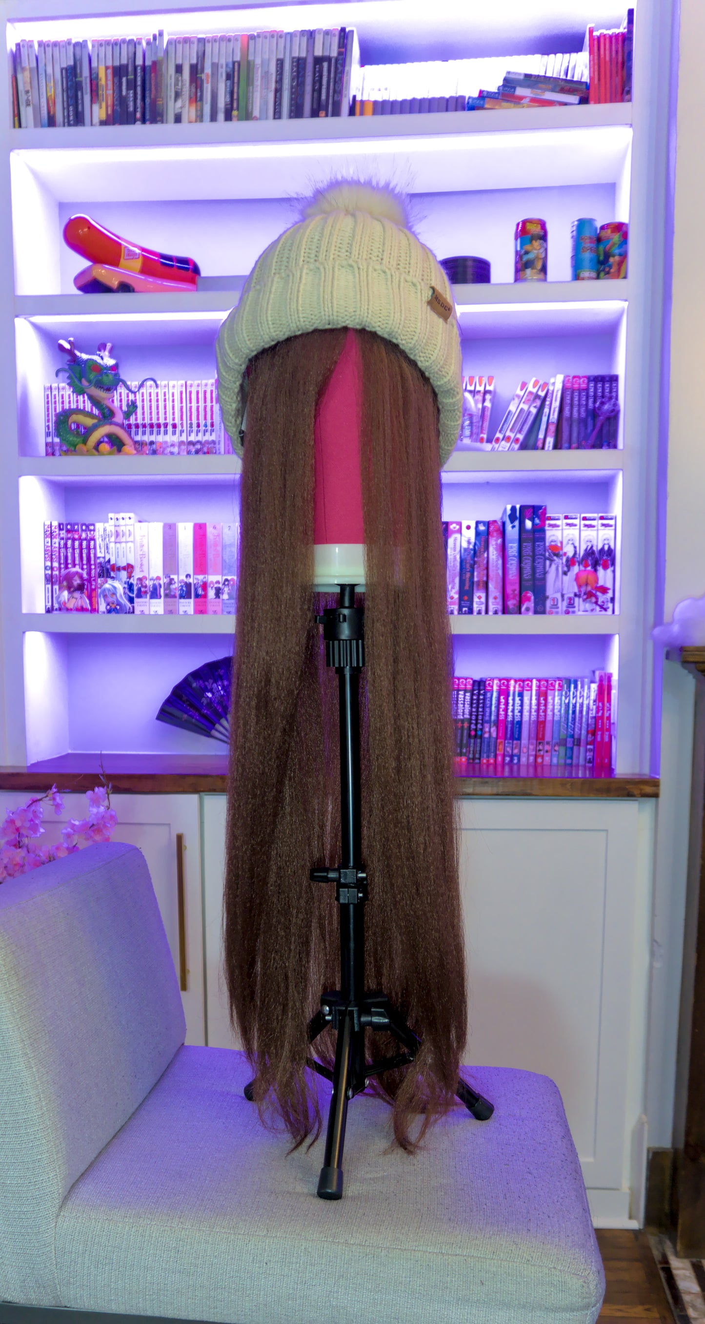 Long Medium Brown wig hat with Oatmeal Beanie front view