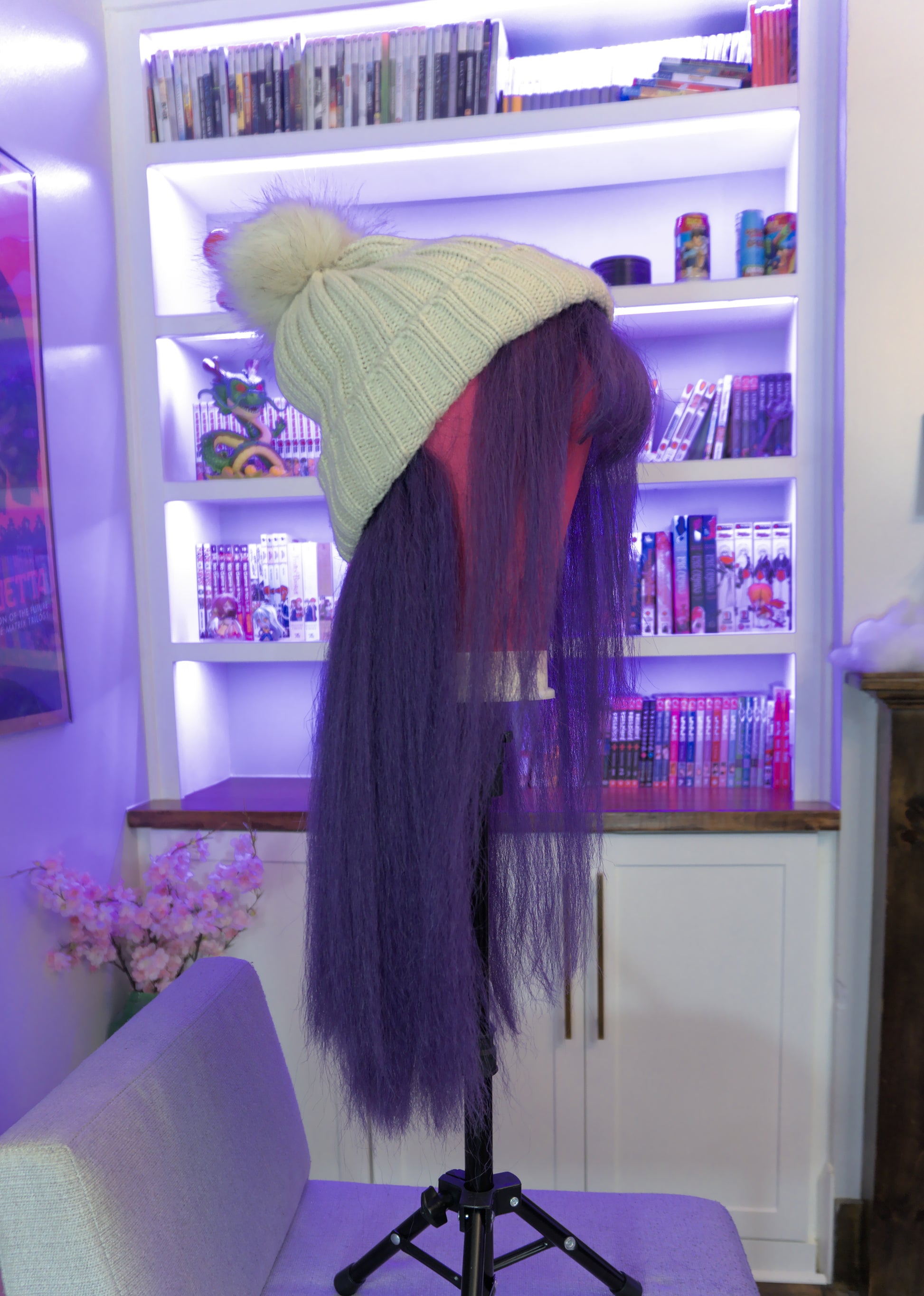Side of Purple Craze hat wig with oatmeal beanie and straight bang