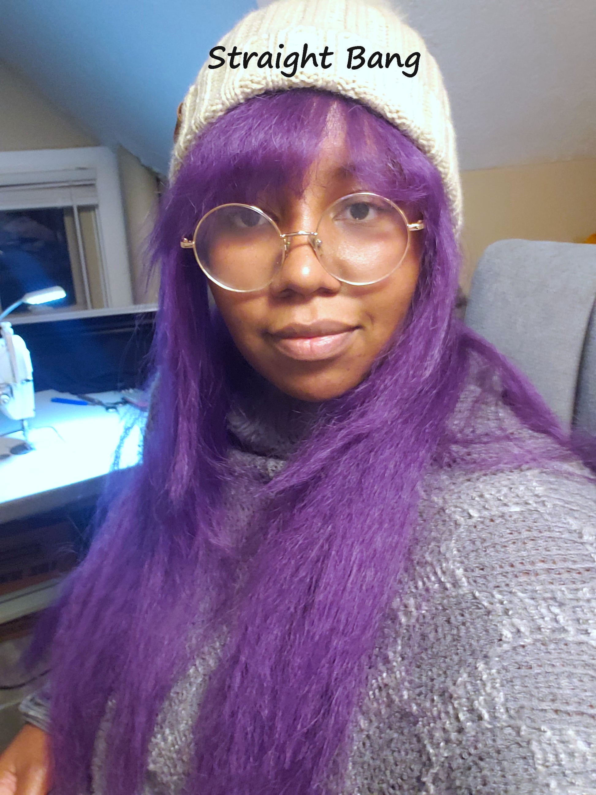 example of straight bang being worn on purple craze wig